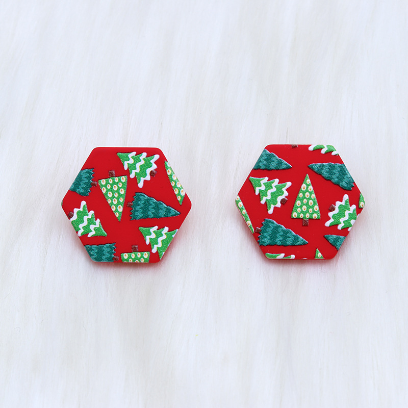 Fashion Red Christmas Tree Hexagon Acrylic Printed Hexagonal Stud Earrings