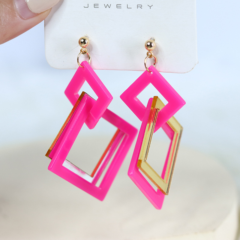 Fashion Rose Red Mirror-spliced Square Acrylic Patchwork Square Earrings
