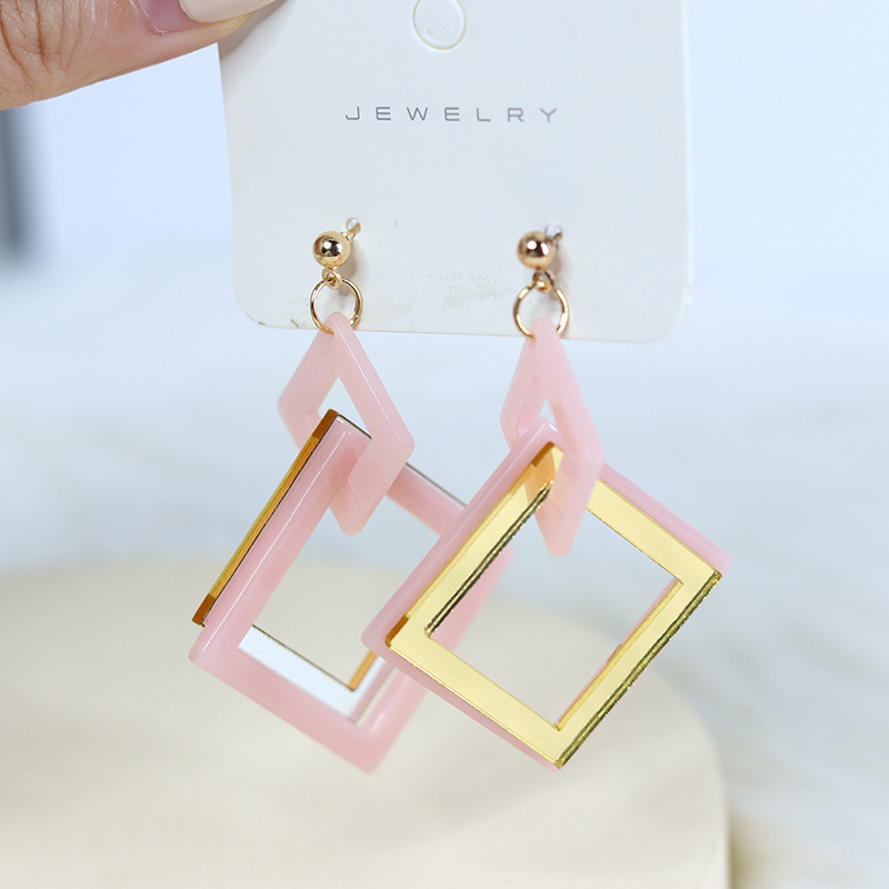 Fashion Light Pink Mirror-spliced Square Acrylic Patchwork Square Earrings