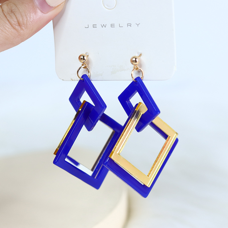Fashion Sapphire Blue Mirror-spliced Square Acrylic Patchwork Square Earrings