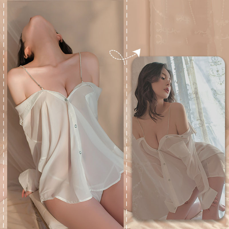 Fashion White Chiffon Off-shoulder Shirt Style See-through Suspender Nightgown