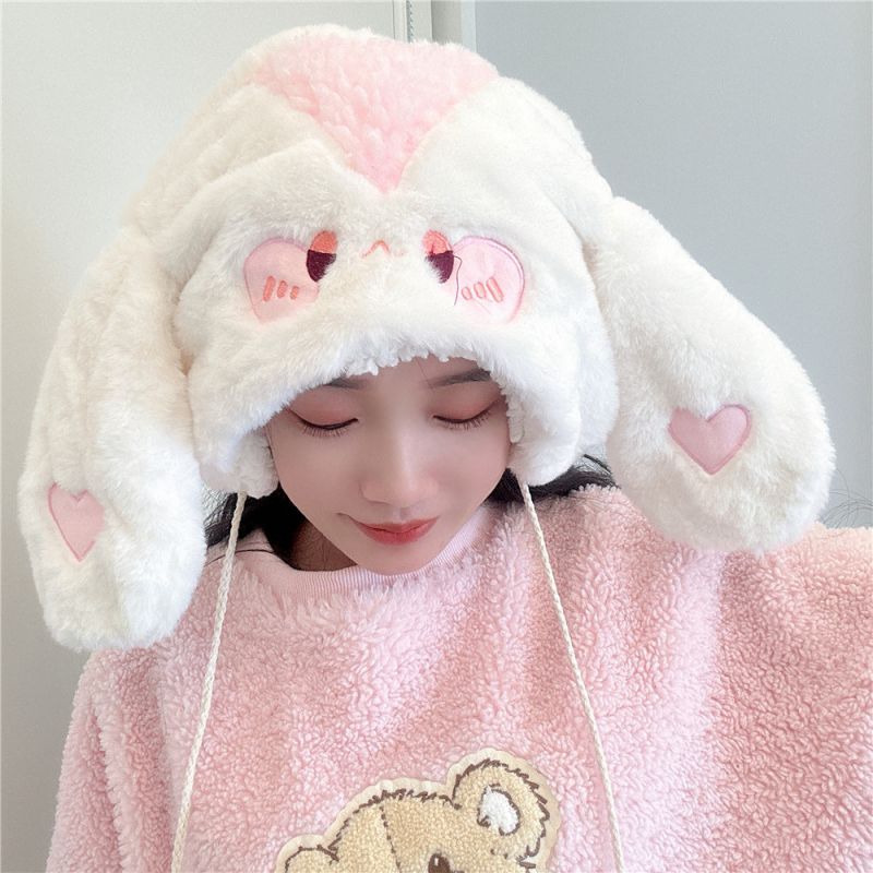 Fashion Milky White Rabbit Hat Polyester Furry Bunny Ears Embroidered Pullover Hat