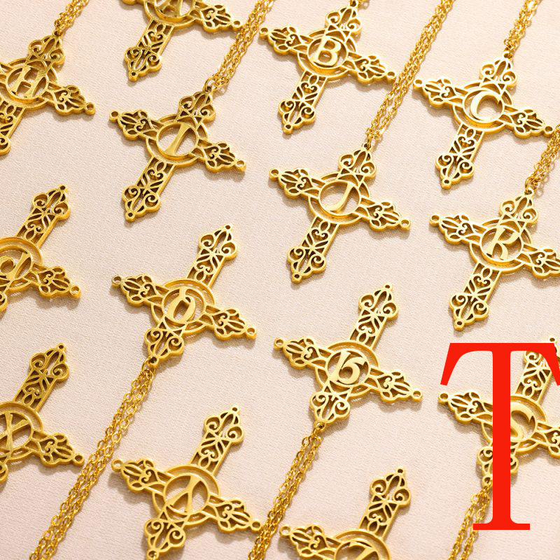 Fashion Tgold Stainless Steel Gold Plated Cross Letter Necklace