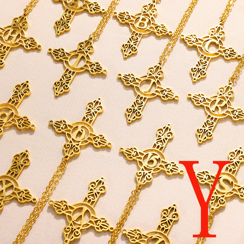 Fashion Ygold Stainless Steel Gold Plated Cross Letter Necklace