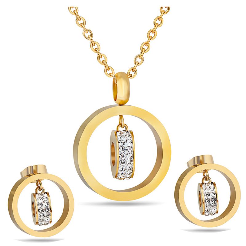Fashion Golden Suit Titanium Steel Inlaid With Rhinestone Geometric Necklace And Earrings Set