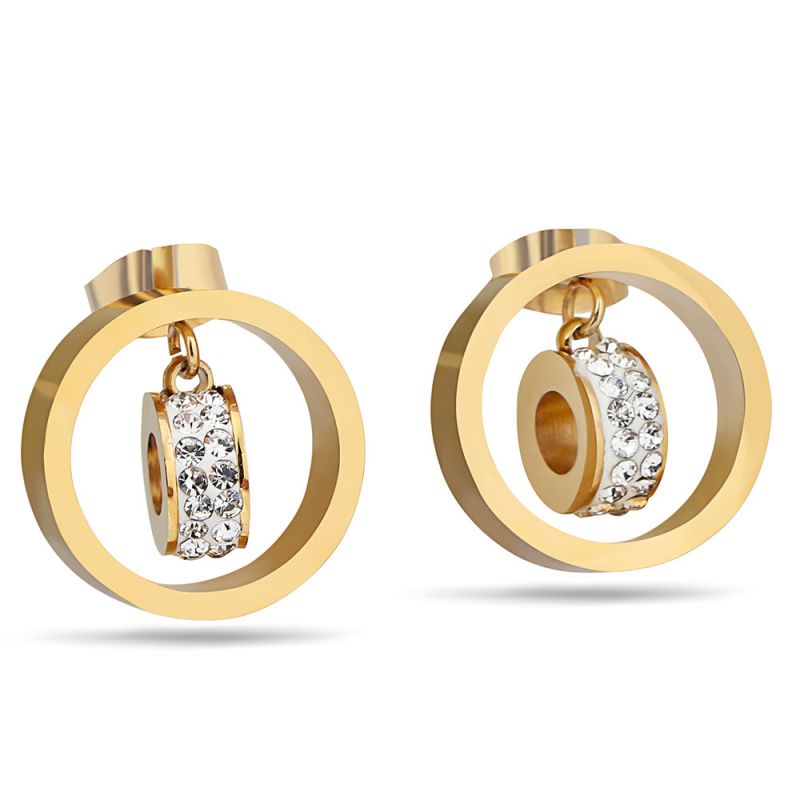 Fashion Gold Earrings Titanium Steel Geometric Stud Earrings With Rhinestones