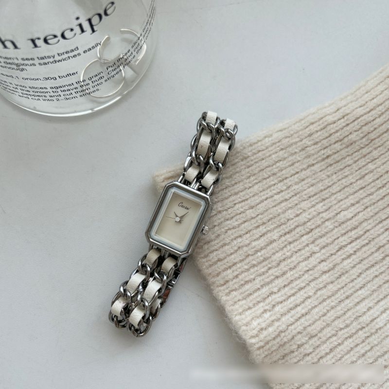 Fashion White With Silver Frame Stainless Steel Geometric Braided Chain Watch