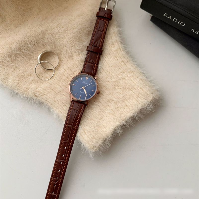 Fashion Coffee Belt Blue Noodle/dotted Diamond Style Stainless Steel Round Dial Watch