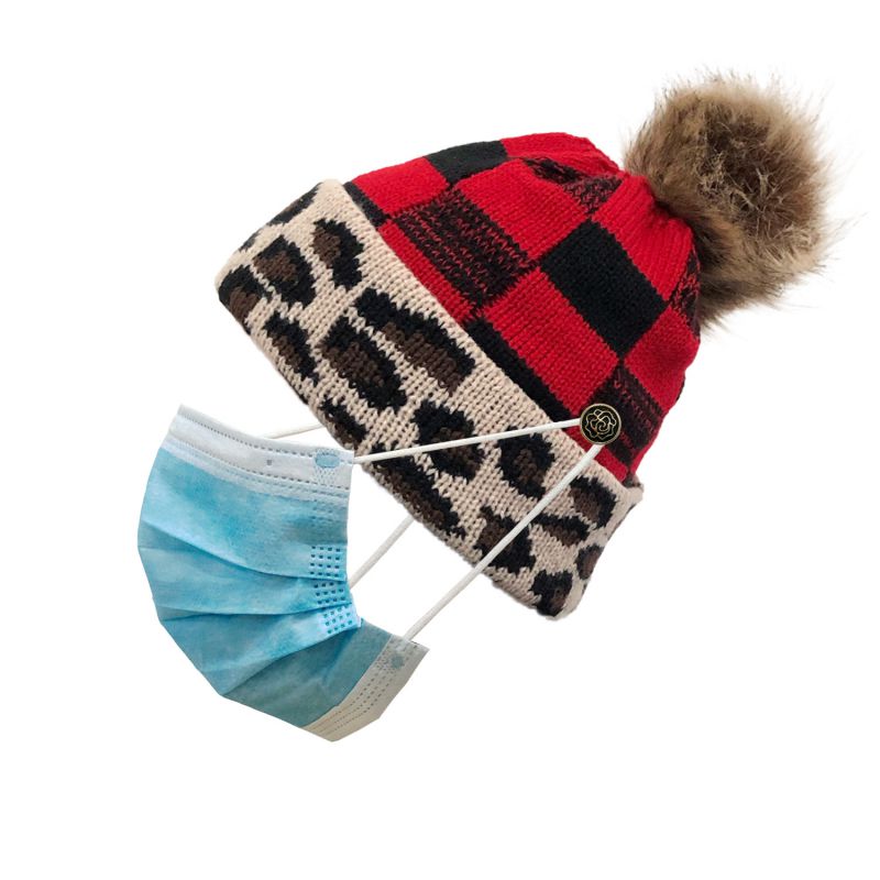 Fashion Leopard Print Red Check Leopard Print Knitted Button Beanie