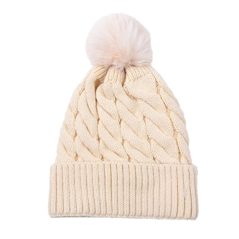 Fashion Off-white-hemp Flower Knitted Hat Acrylic Twist Knitted Wool Ball Beanie