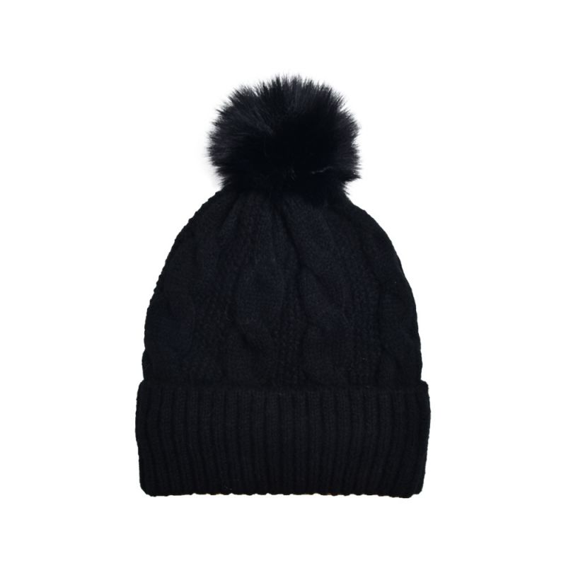 Fashion Black—fur Ball Knitted Hat Twist Knitted Wool Ball Beanie