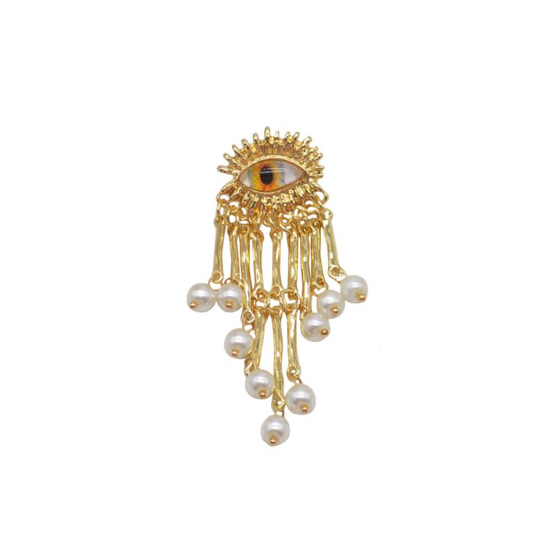 Fashion Gold Metal Geometric Pearl Tassel Eye Brooch