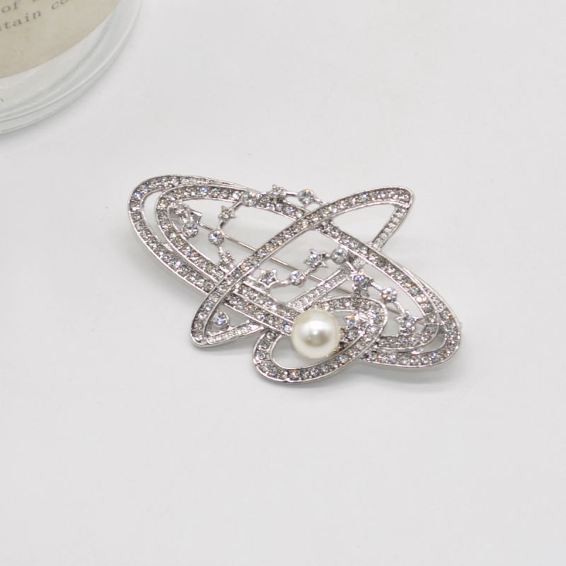Fashion Silver Alloy Diamond Pearl Planet Brooch
