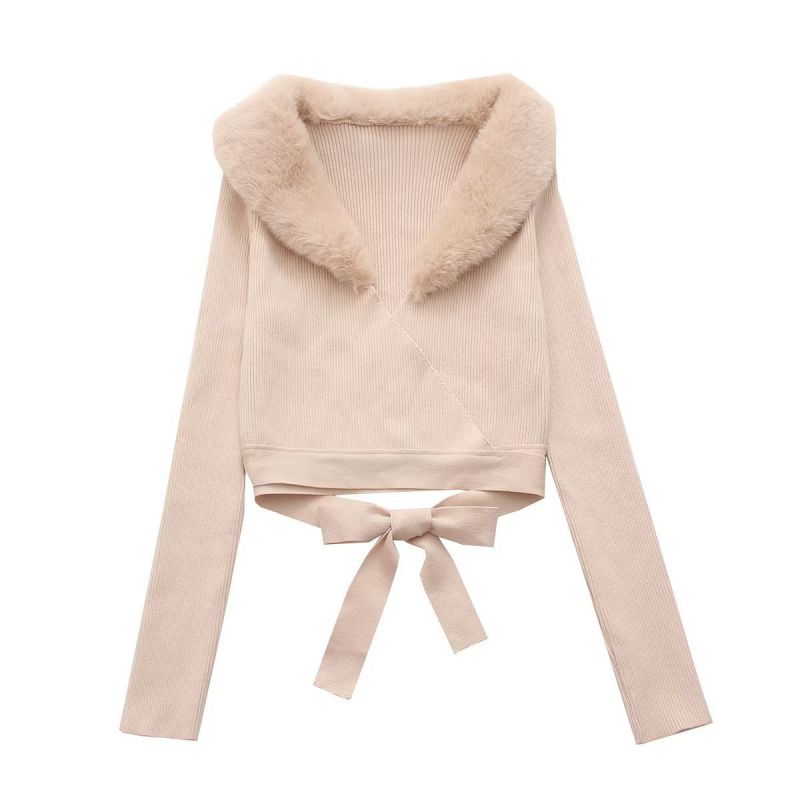 Fashion Apricot Polyester Fur Collar Lace-up Sweater