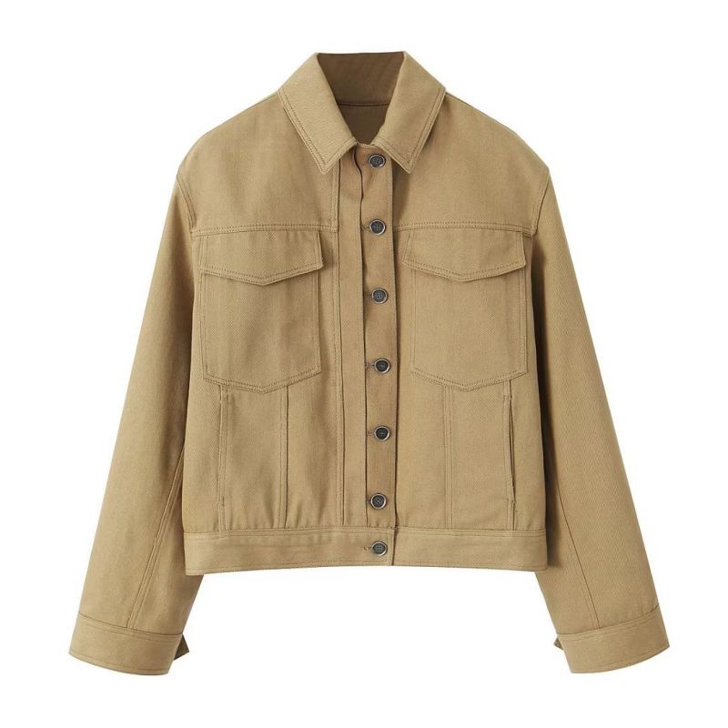Fashion Brown Polyester Lapel Buttoned Jacket