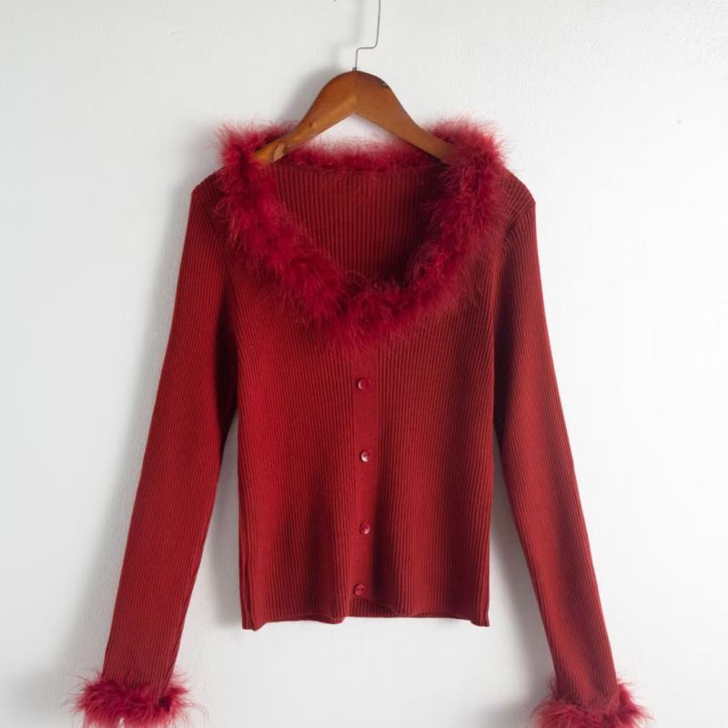 Fashion Red Polyester Plush V-neck Knitted Sweater