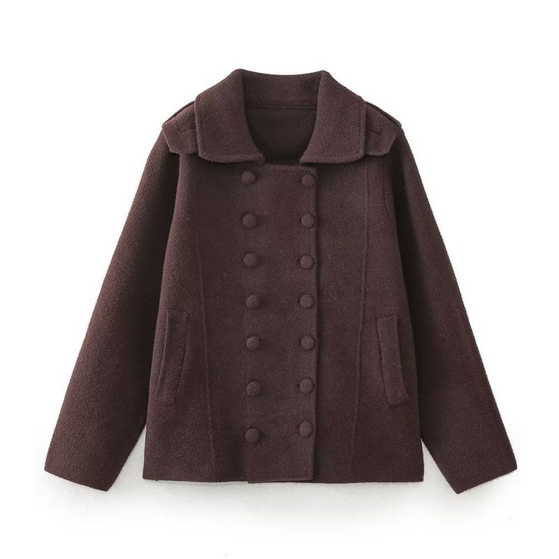 Fashion Coffee Polyester Double-breasted Lapel Jacket