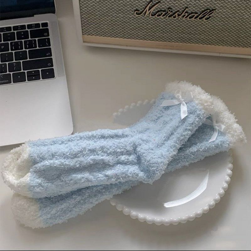 Fashion Cloud Blue Coral Velvet Bow Mid-calf Socks
