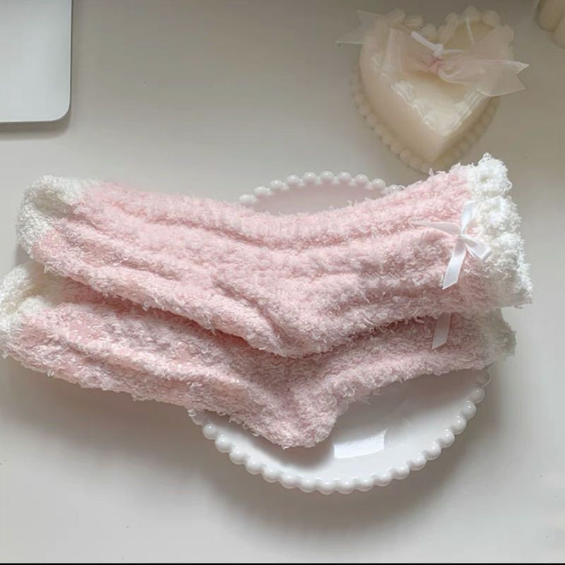Fashion Girly Pink Coral Velvet Bow Mid-calf Socks
