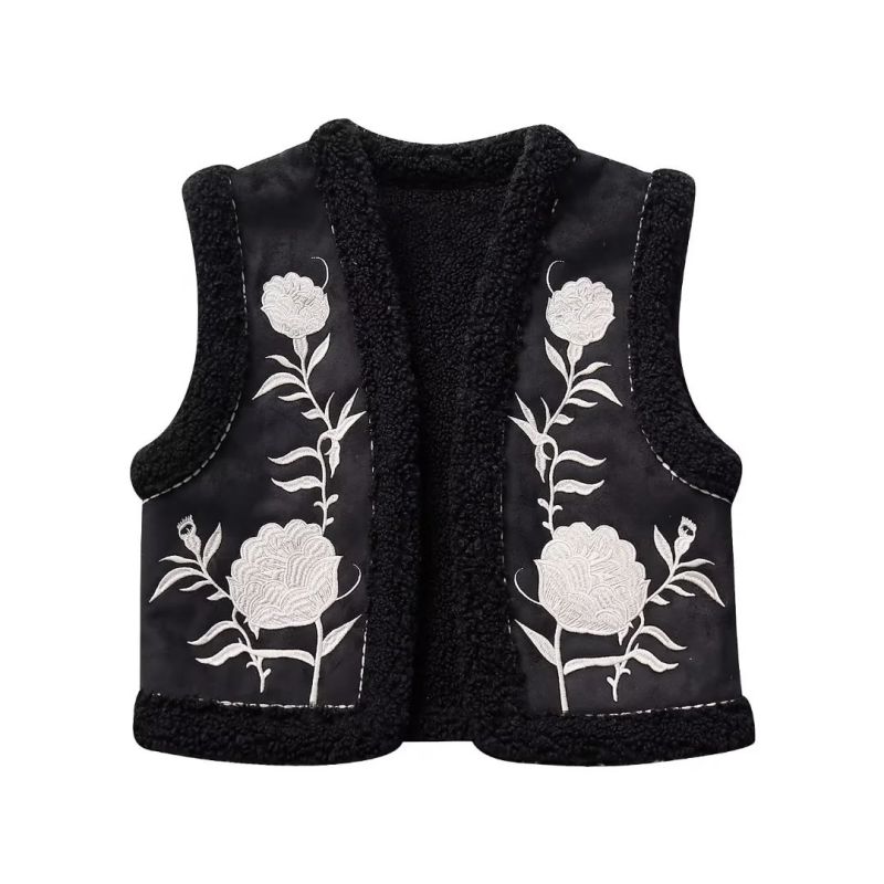 Fashion Black Embroidered Reversible Plush Vest