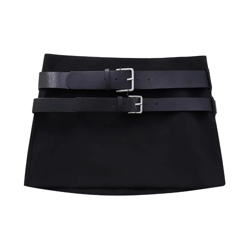 Fashion Black Double Belt Skirt