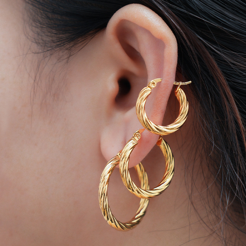 Fashion Gold Stainless Steel Twisted Wire Round Earring Set
