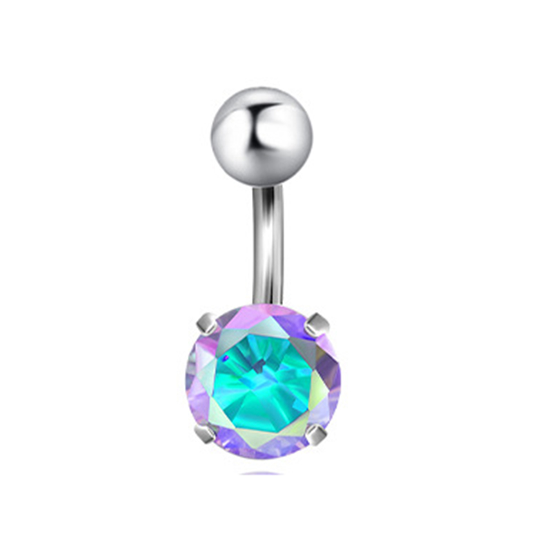 Fashion Four-prong Ab Colorful Belly Button Ring Stainless Steel Inlaid Round Diamond Navel Piercing Nail