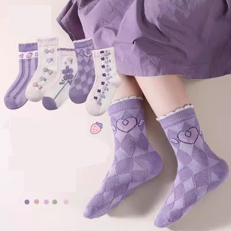 Fashion Ningye Purple Flower [spring And Autumn Pure Cotton 5 Pairs] Cotton Printed Long Children's High Socks