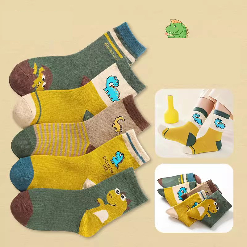 Fashion Dinosaur Paradise [anti-pilling Combed Cotton 5 Pairs] Cotton Knitted Childrens Mid-calf Socks