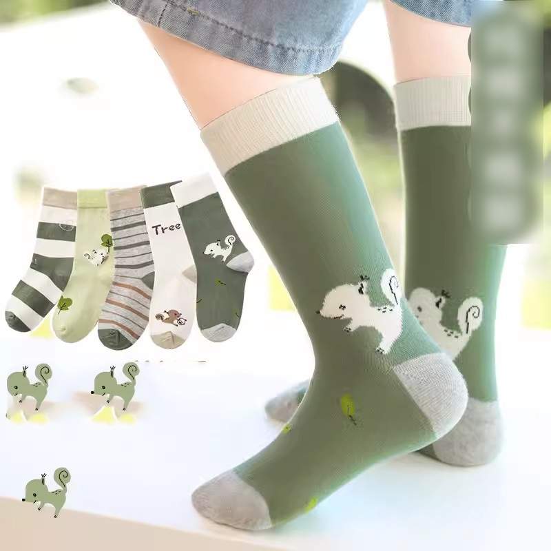 Fashion Squirrel Elf [combed Cotton Extended Length 5 Pairs] Cotton Knitted Childrens Mid-calf Socks