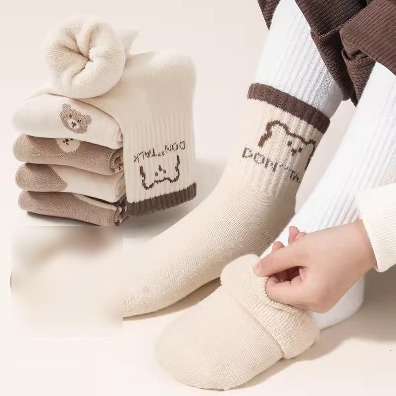 Fashion Cute Bears - 5 Pairs [new Winter Style Extra Thick Terry] Cotton Knitted Childrens Mid-calf Socks