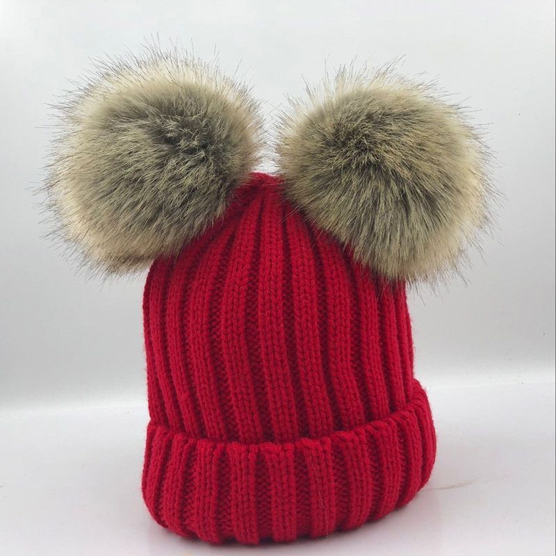 Fashion Red Knitted Beanie With Two Fur Balls