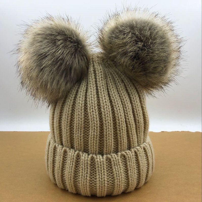 Fashion Beige Knitted Beanie With Two Fur Balls