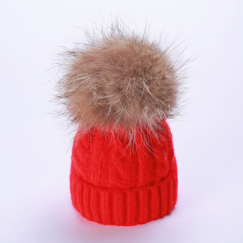 Fashion Red Acrylic Knitted Wool Ball Beanie