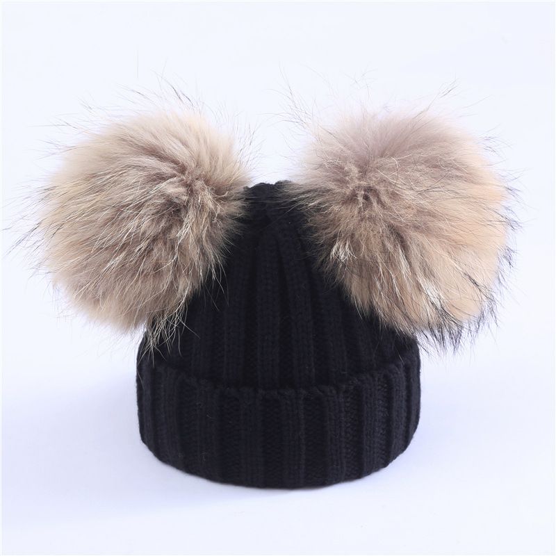 Fashion Black M (adult 36-58cm) Knitted Beanie With Two Fur Balls