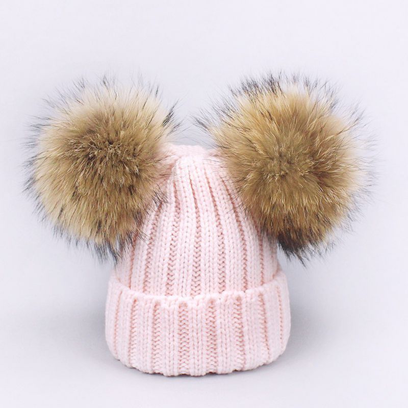 Fashion Pink M (adult 36-58cm) Knitted Beanie With Two Fur Balls