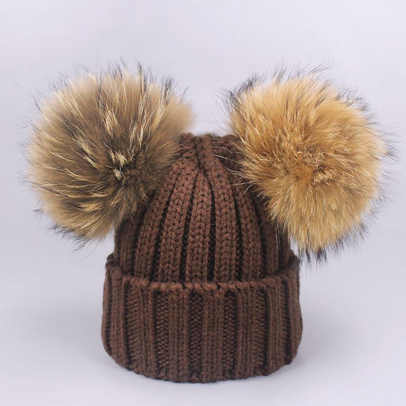 Fashion Brown M (adult 36-58cm) Knitted Beanie With Two Fur Balls