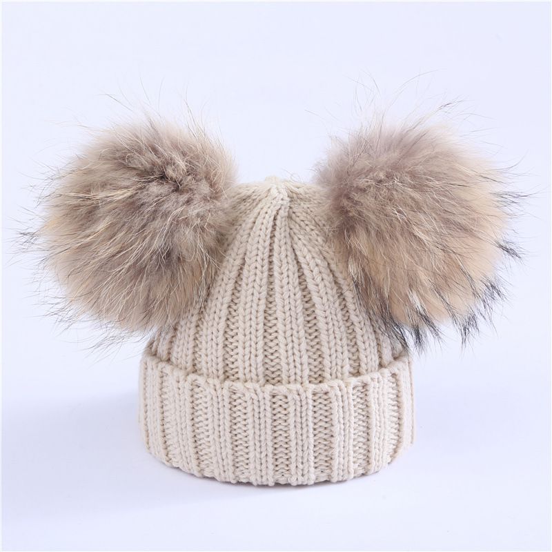 Fashion Beige M (adult 36-58cm) Knitted Beanie With Two Fur Balls