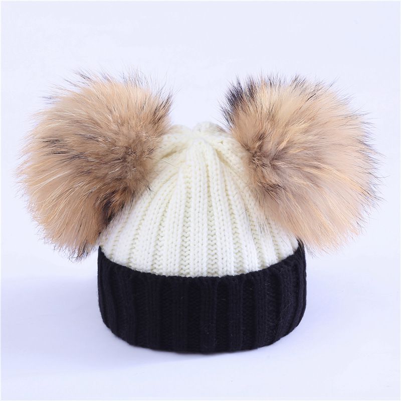 Fashion Black And White M (adult 36-58cm) Knitted Beanie With Two Fur Balls