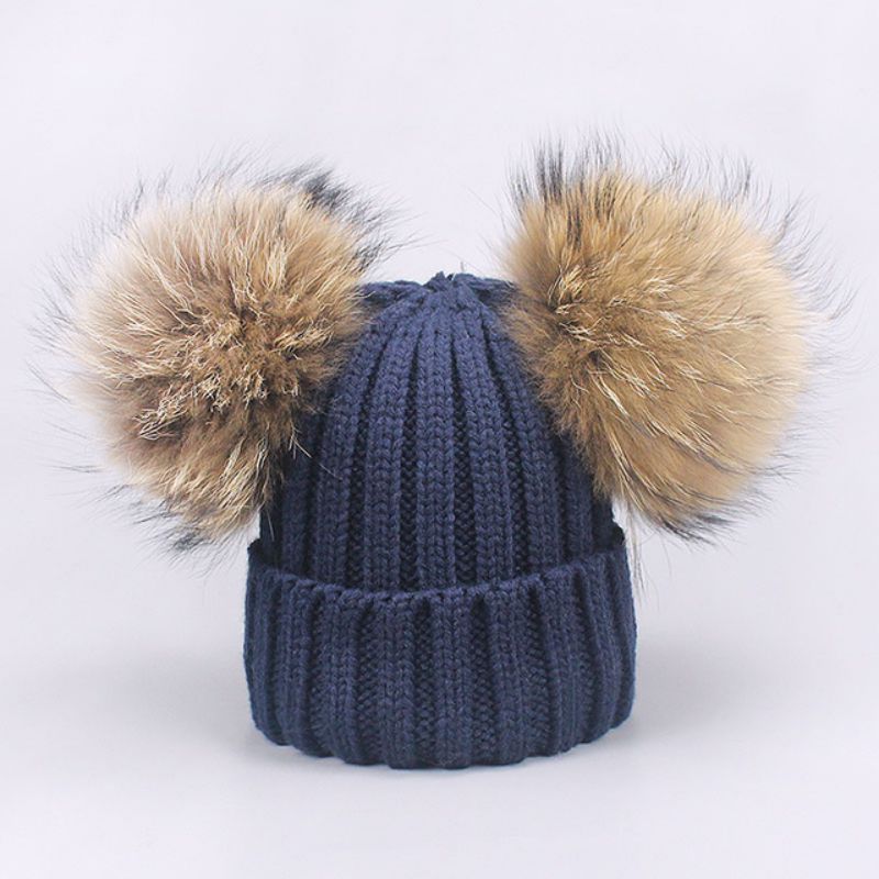Fashion Navy Blue M (adult 36-58cm) Plus Velvet Knitted Beanie With Two Fur Balls