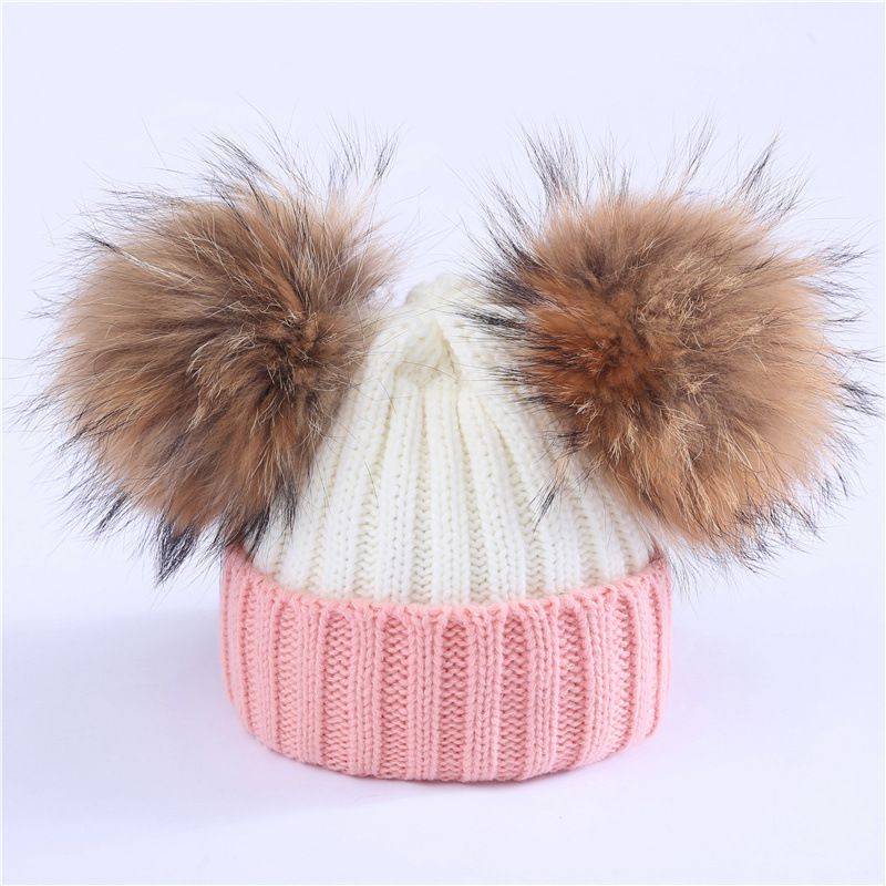 Fashion Pink Plus White M (adult 36-58cm) Plus Velvet Knitted Beanie With Two Fur Balls