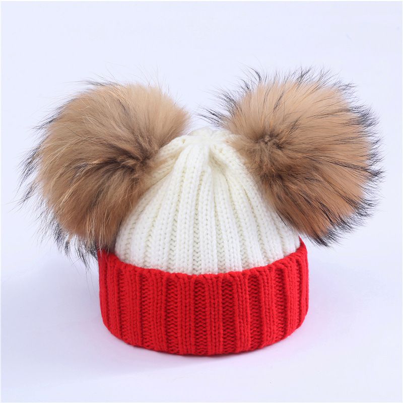 Fashion Red Plus White M (adult 36-58cm) Plus Velvet Knitted Beanie With Two Fur Balls