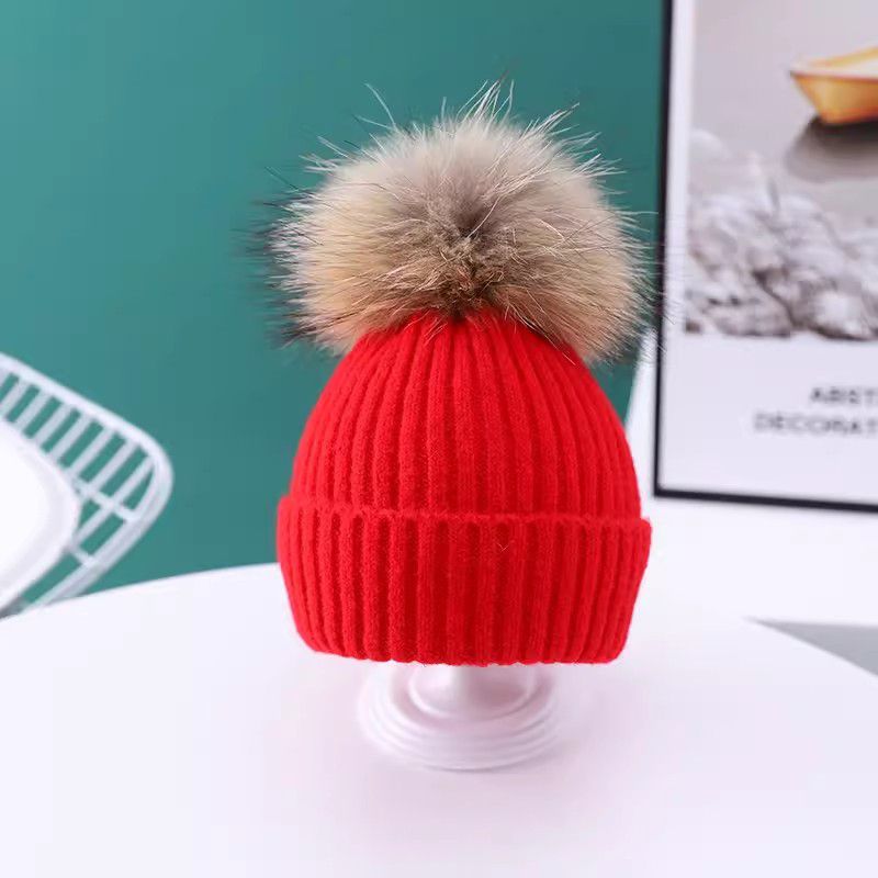 Fashion Red Blended Wool Ball Knitted Children's Beanie
