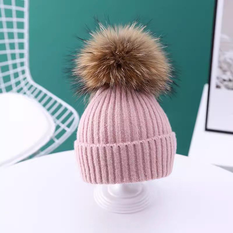 Fashion Pink Blended Wool Ball Knitted Children's Beanie