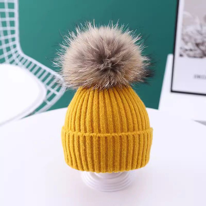 Fashion Yellow Blended Wool Ball Knitted Children's Beanie