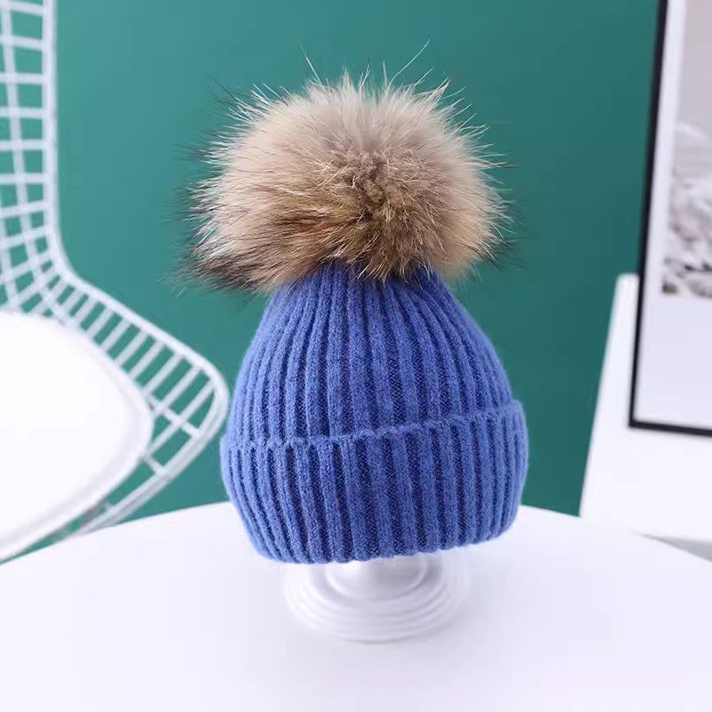 Fashion Royal Blue Blended Wool Ball Knitted Children's Beanie