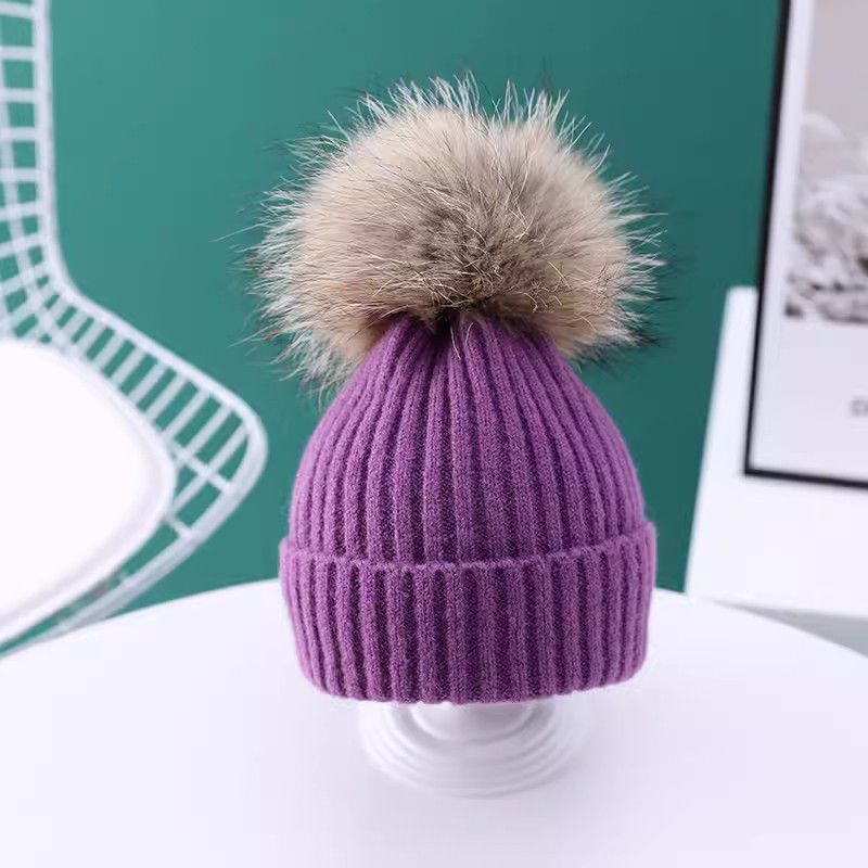 Fashion Purple Blended Wool Ball Knitted Children's Beanie