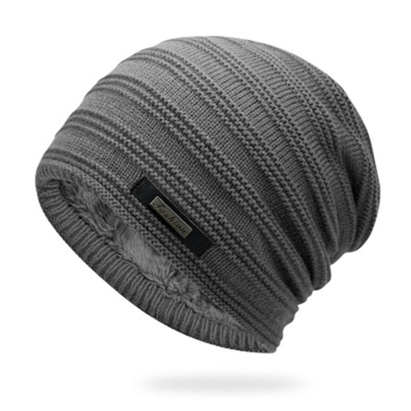 Fashion Grey Wool Knitted Metal Label Pullover Hat