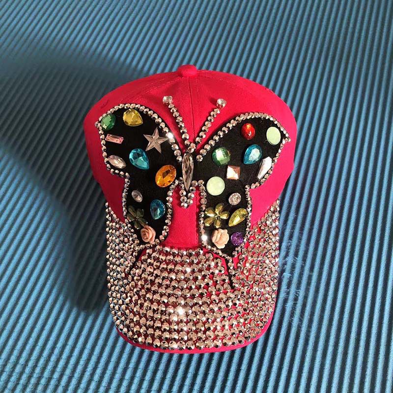 Fashion Rose Red Denim Diamond Butterfly Baseball Cap