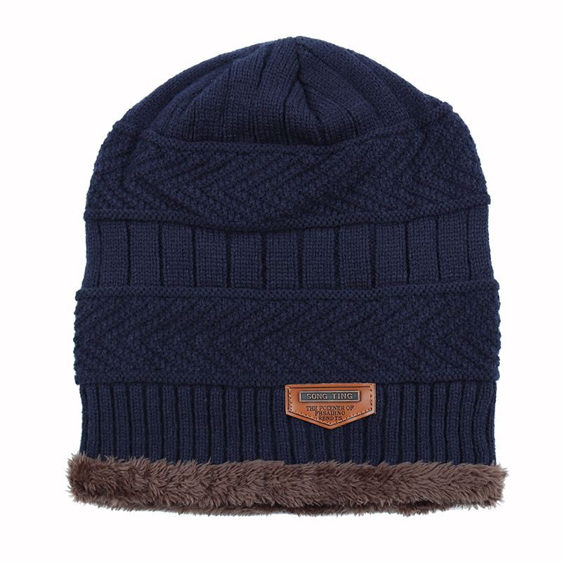 Fashion Navy Blue Fleece Knitted Label Pullover Hat